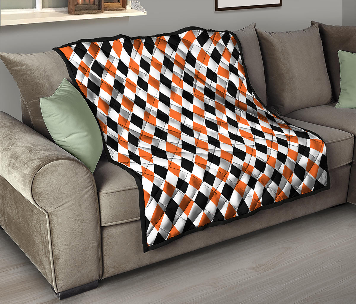 White Black And Orange Harlequin Print Quilt