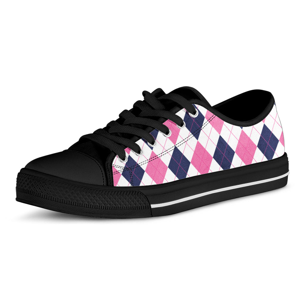 White Blue And Pink Argyle Pattern Print Black Low Top Shoes