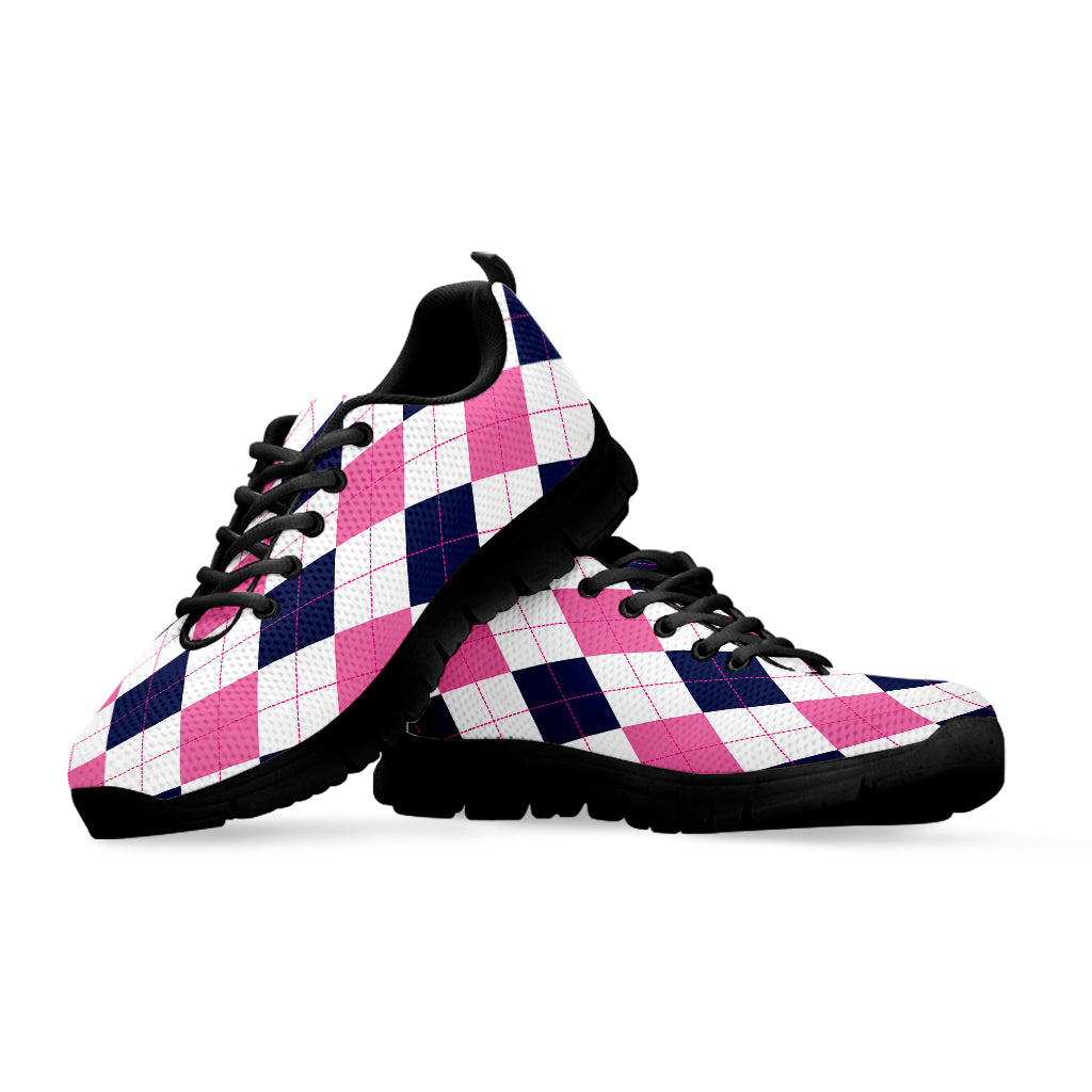 White Blue And Pink Argyle Pattern Print Black Sneakers