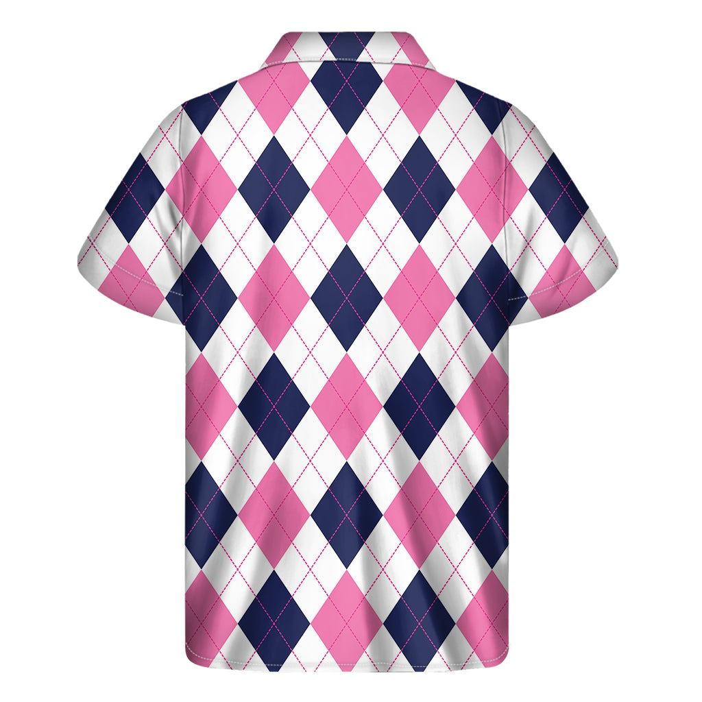 White Blue And Pink Argyle Pattern Print Men's Short Sleeve Shirt