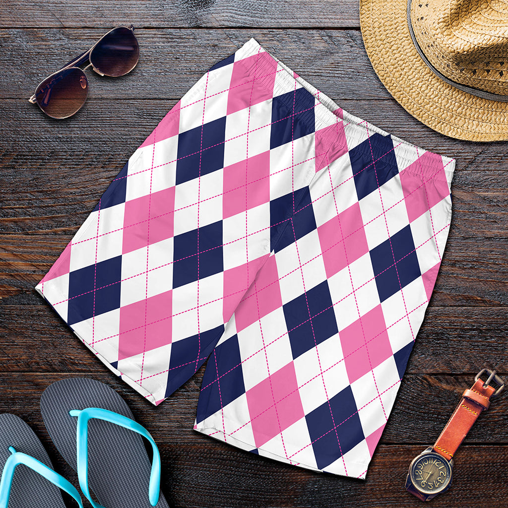 White Blue And Pink Argyle Pattern Print Men's Shorts