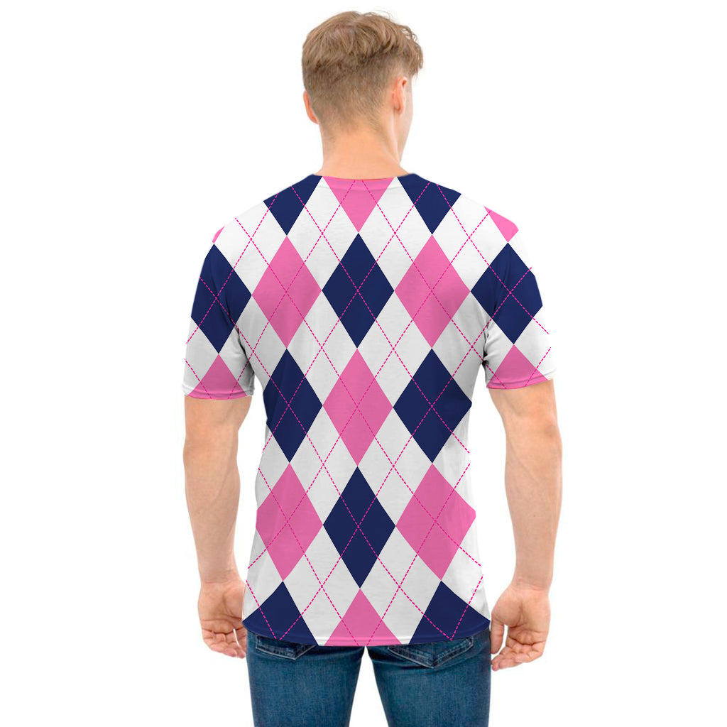 White Blue And Pink Argyle Pattern Print Men's T-Shirt