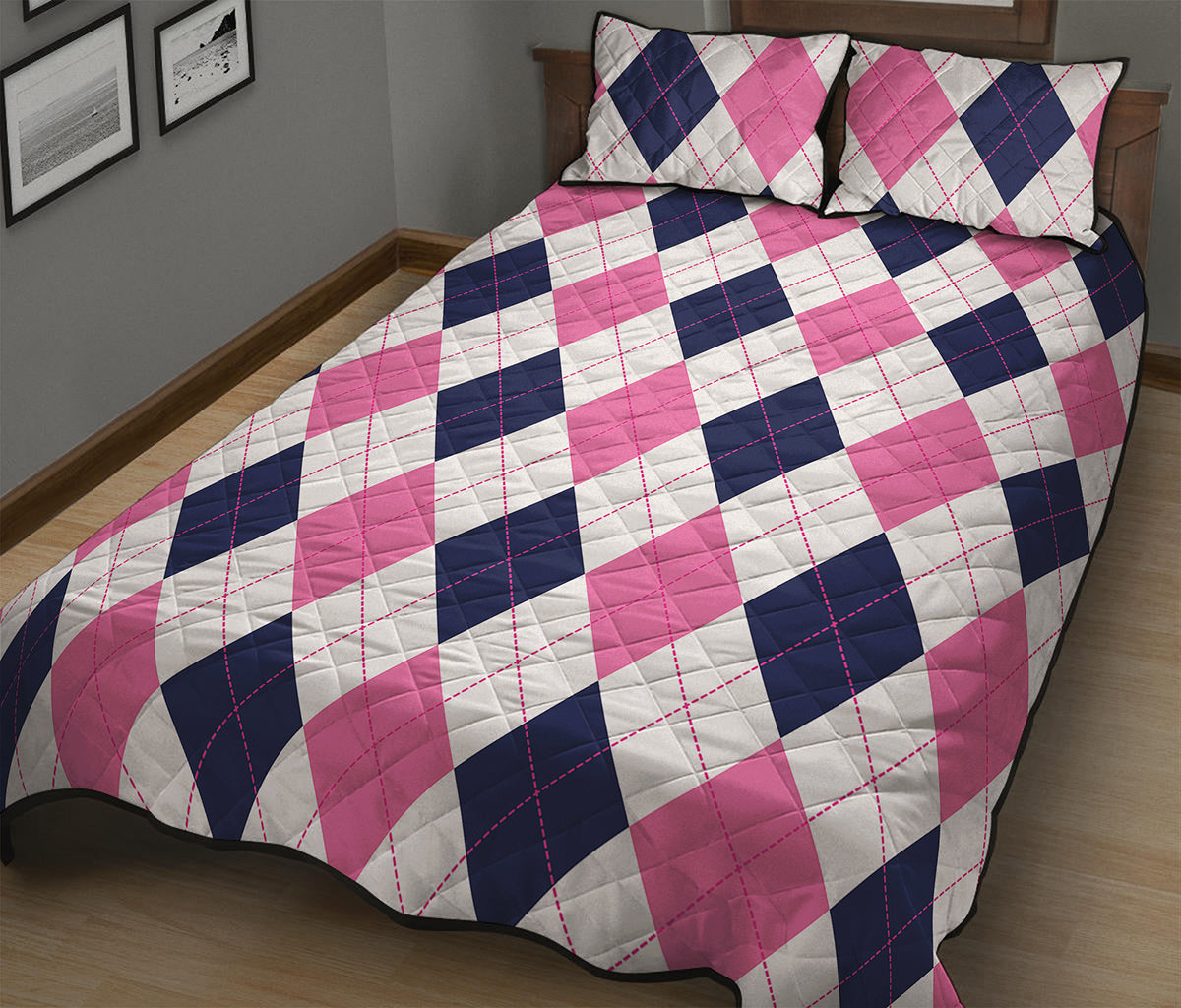 White Blue And Pink Argyle Pattern Print Quilt Bed Set