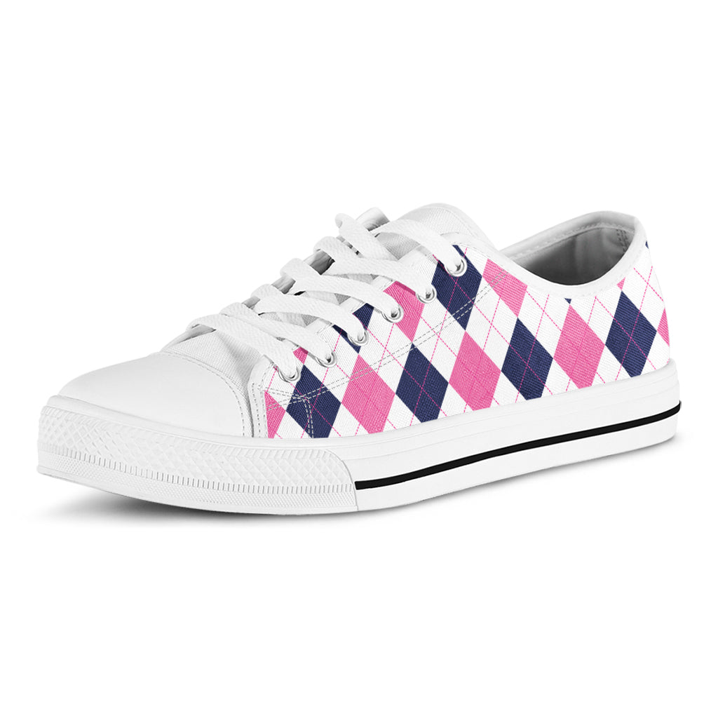 White Blue And Pink Argyle Pattern Print White Low Top Shoes