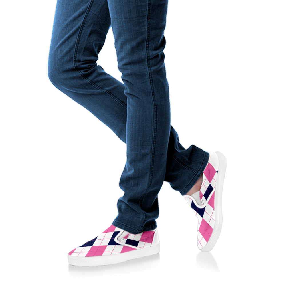 White Blue And Pink Argyle Pattern Print White Slip On Shoes
