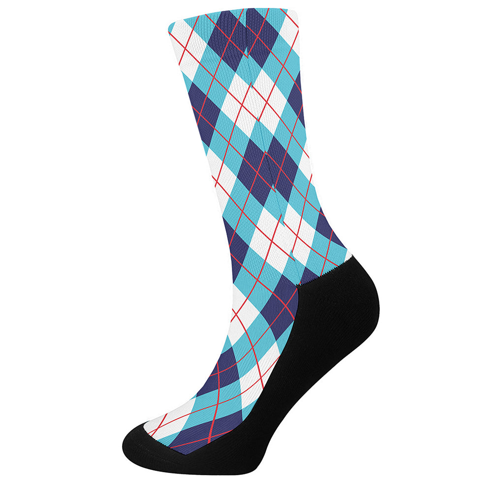 White Blue And Red Argyle Pattern Print Crew Socks