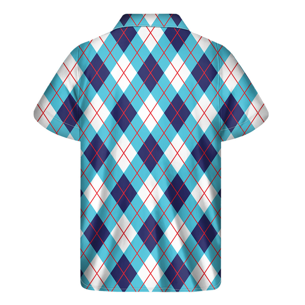 White Blue And Red Argyle Pattern Print Men's Short Sleeve Shirt