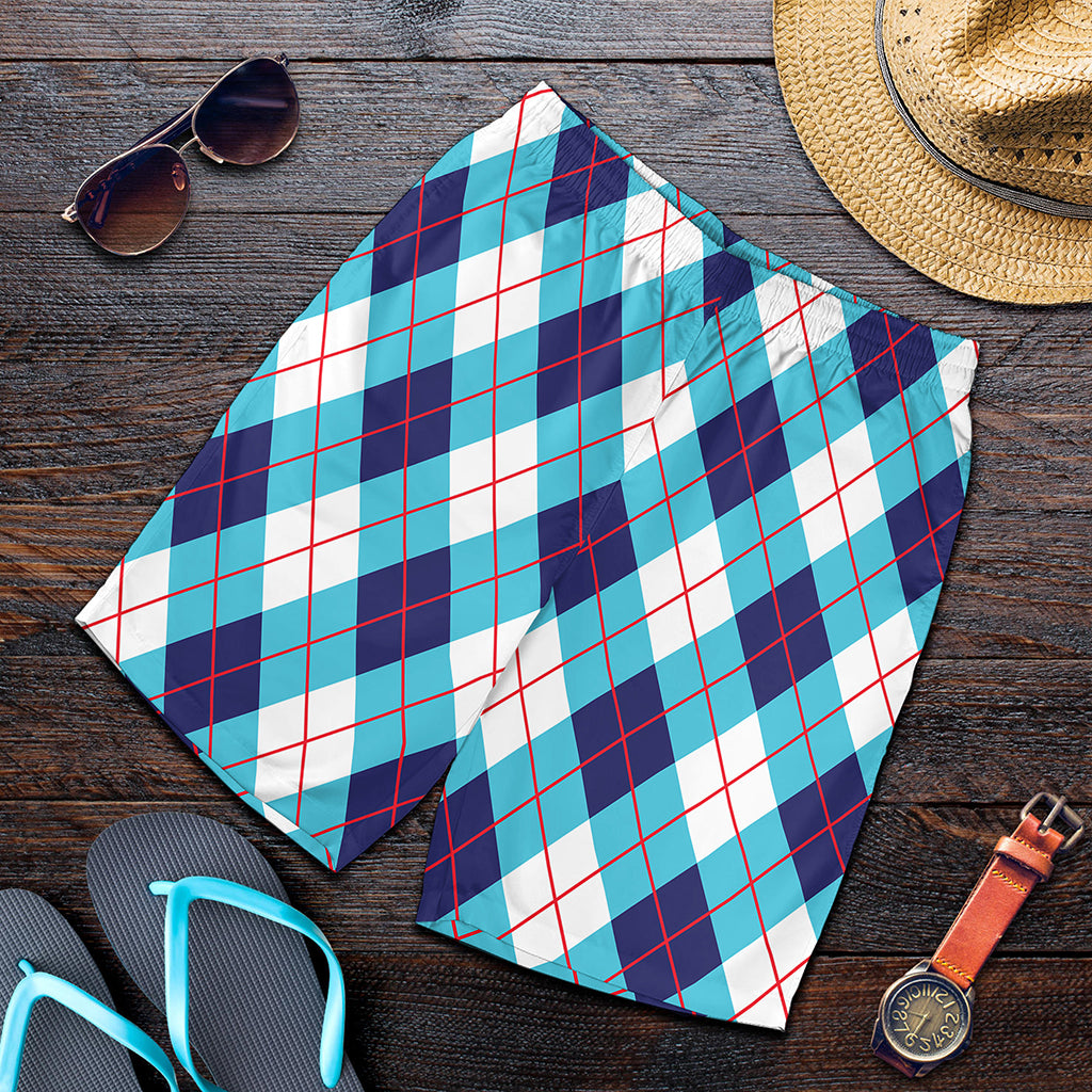 White Blue And Red Argyle Pattern Print Men's Shorts