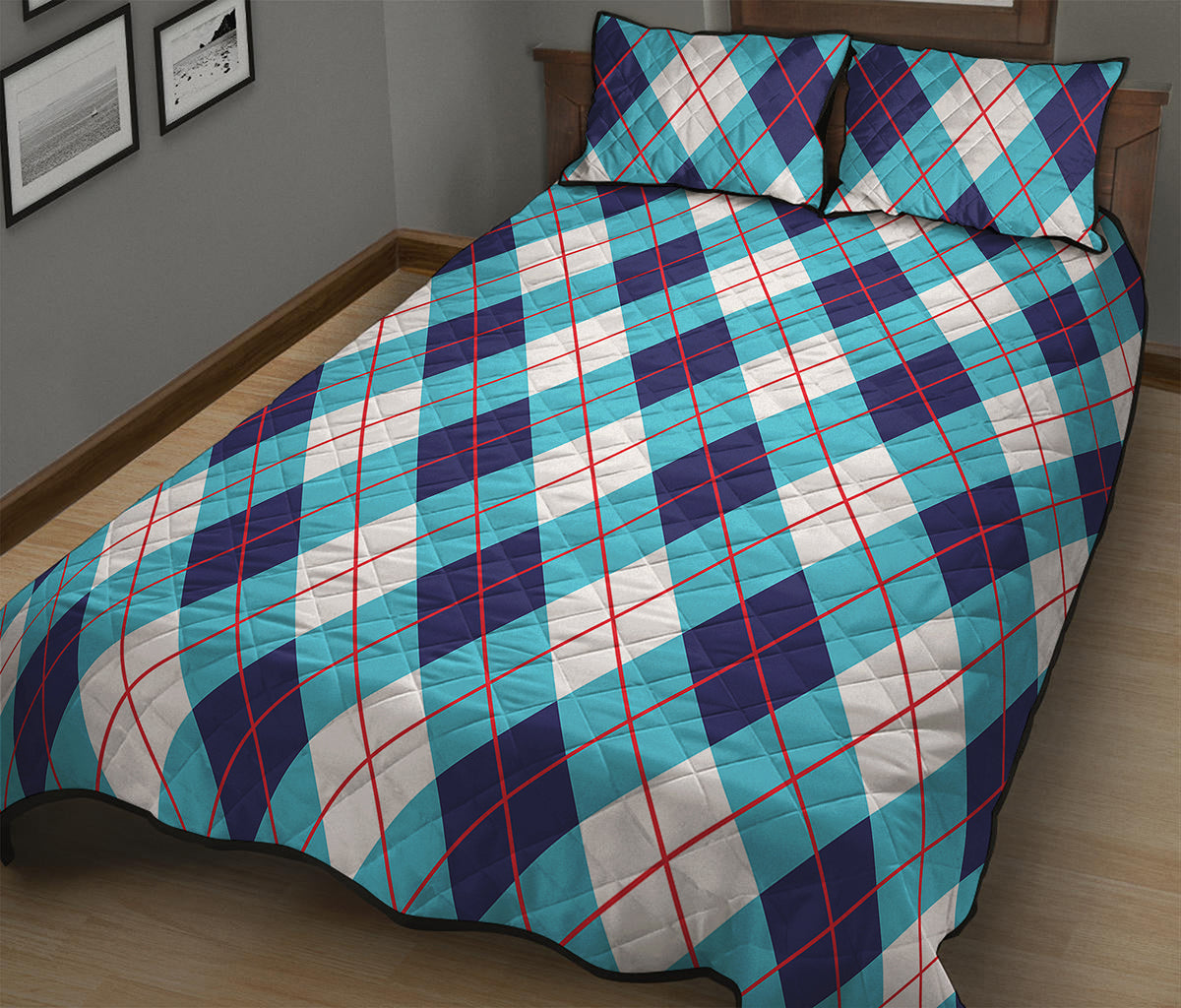 White Blue And Red Argyle Pattern Print Quilt Bed Set
