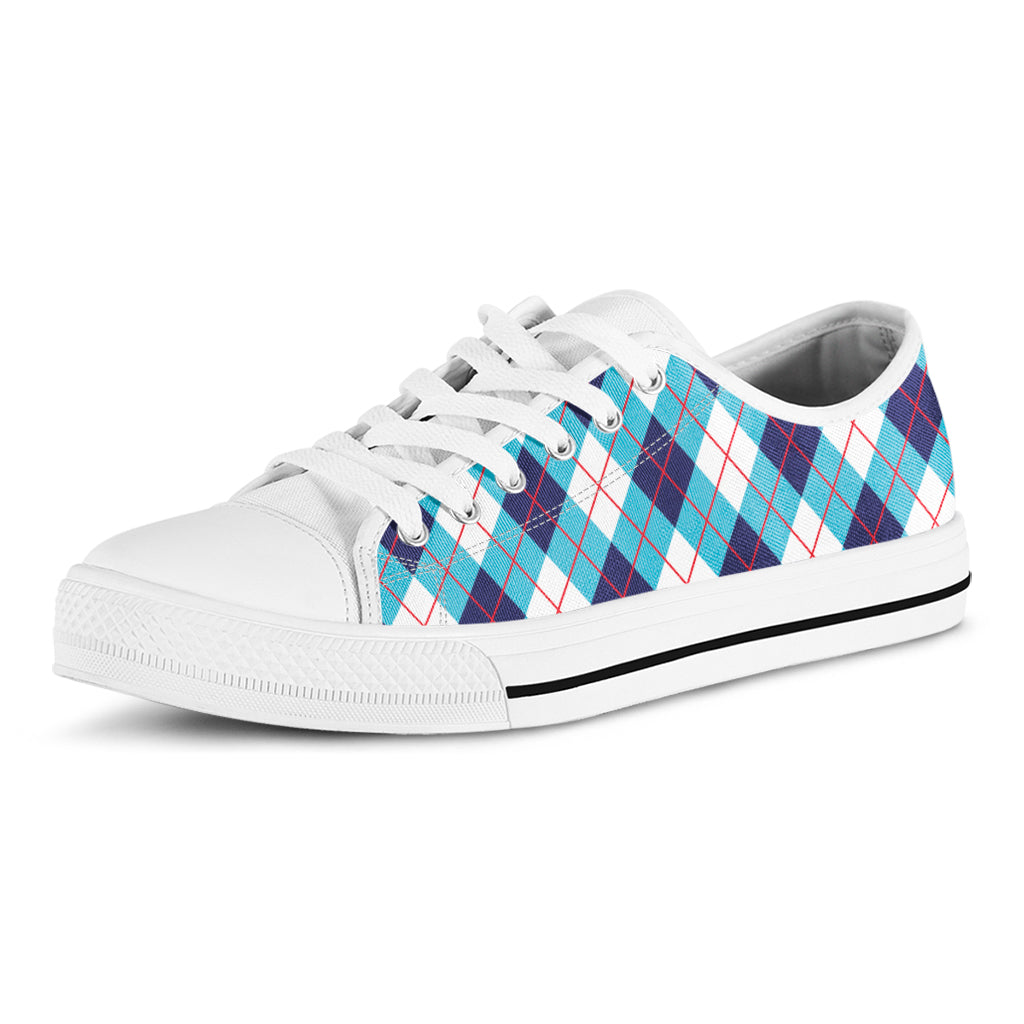 White Blue And Red Argyle Pattern Print White Low Top Shoes