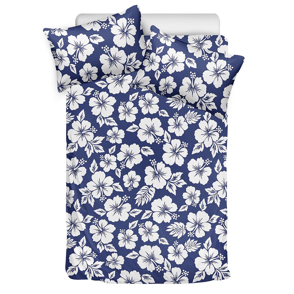 White Blue Hibiscus Floral Pattern Print Duvet Cover Bedding Set