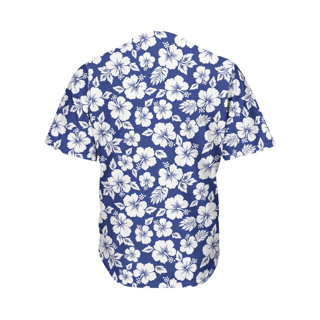 White Blue Hibiscus Floral Pattern Print Men's Baseball Jersey
