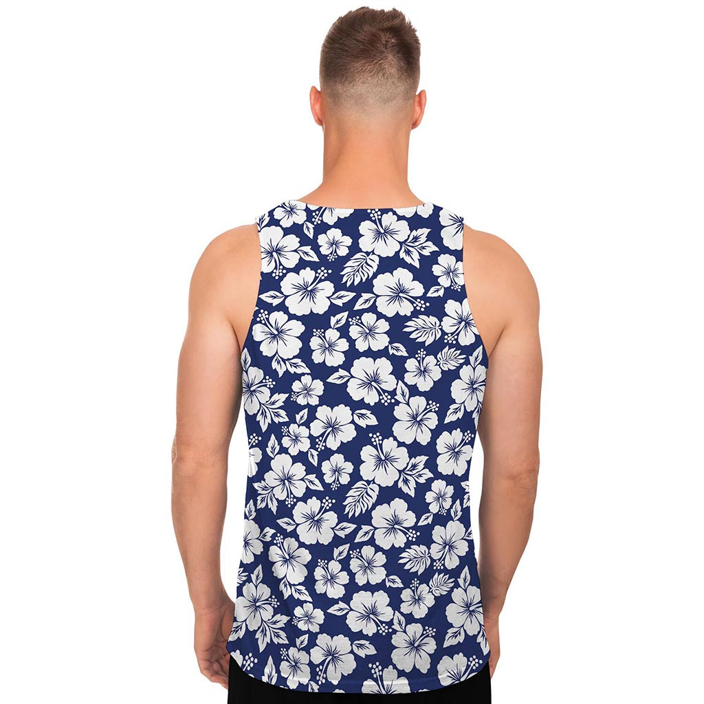 White Blue Hibiscus Floral Pattern Print Men's Tank Top