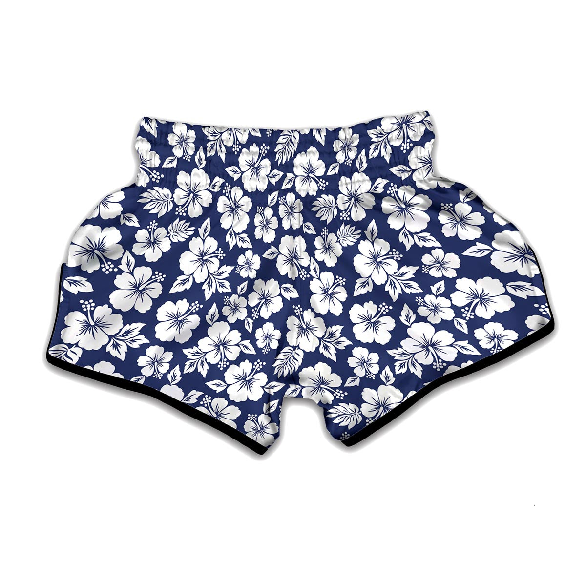 White Blue Hibiscus Floral Pattern Print Muay Thai Boxing Shorts