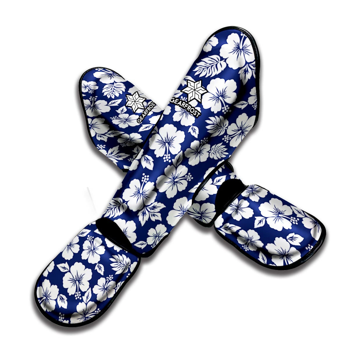 White Blue Hibiscus Floral Pattern Print Muay Thai Shin Guard