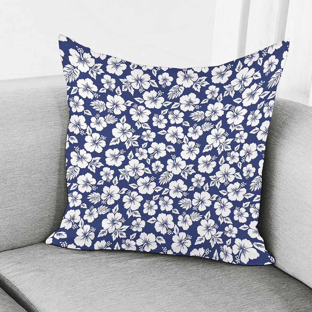 White Blue Hibiscus Floral Pattern Print Pillow Cover