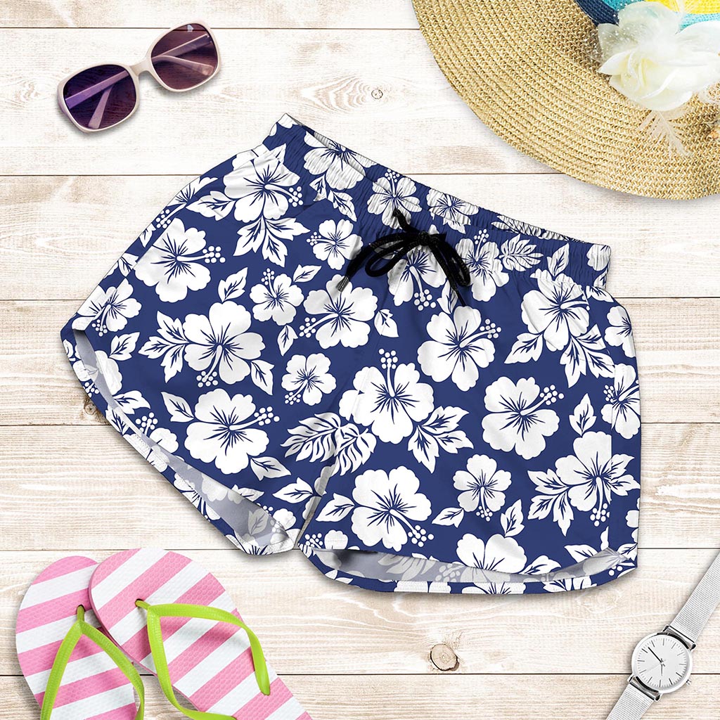 White Blue Hibiscus Floral Pattern Print Women's Shorts