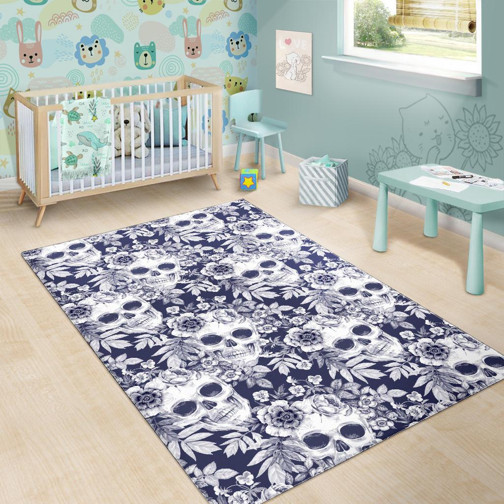 White Blue Skull Floral Pattern Print Area Rug GearFrost