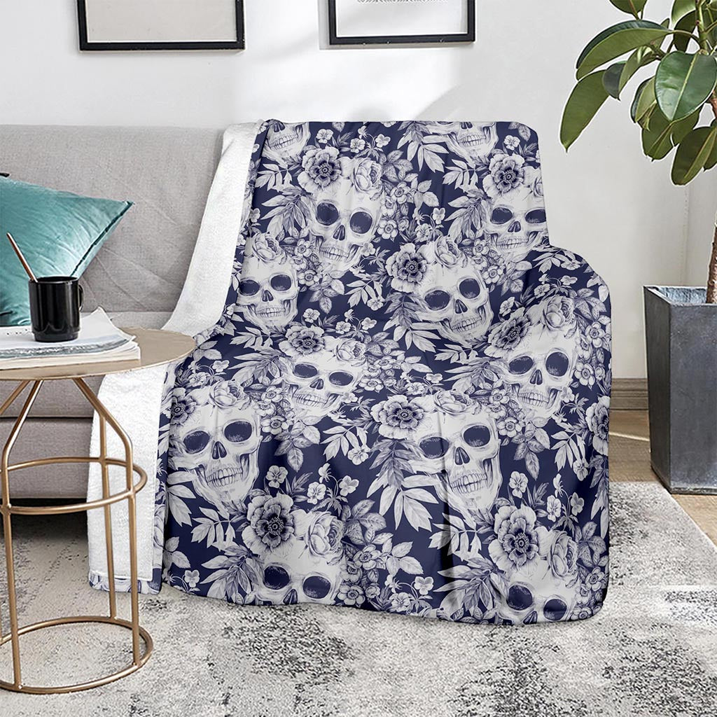 White Blue Skull Floral Pattern Print Blanket