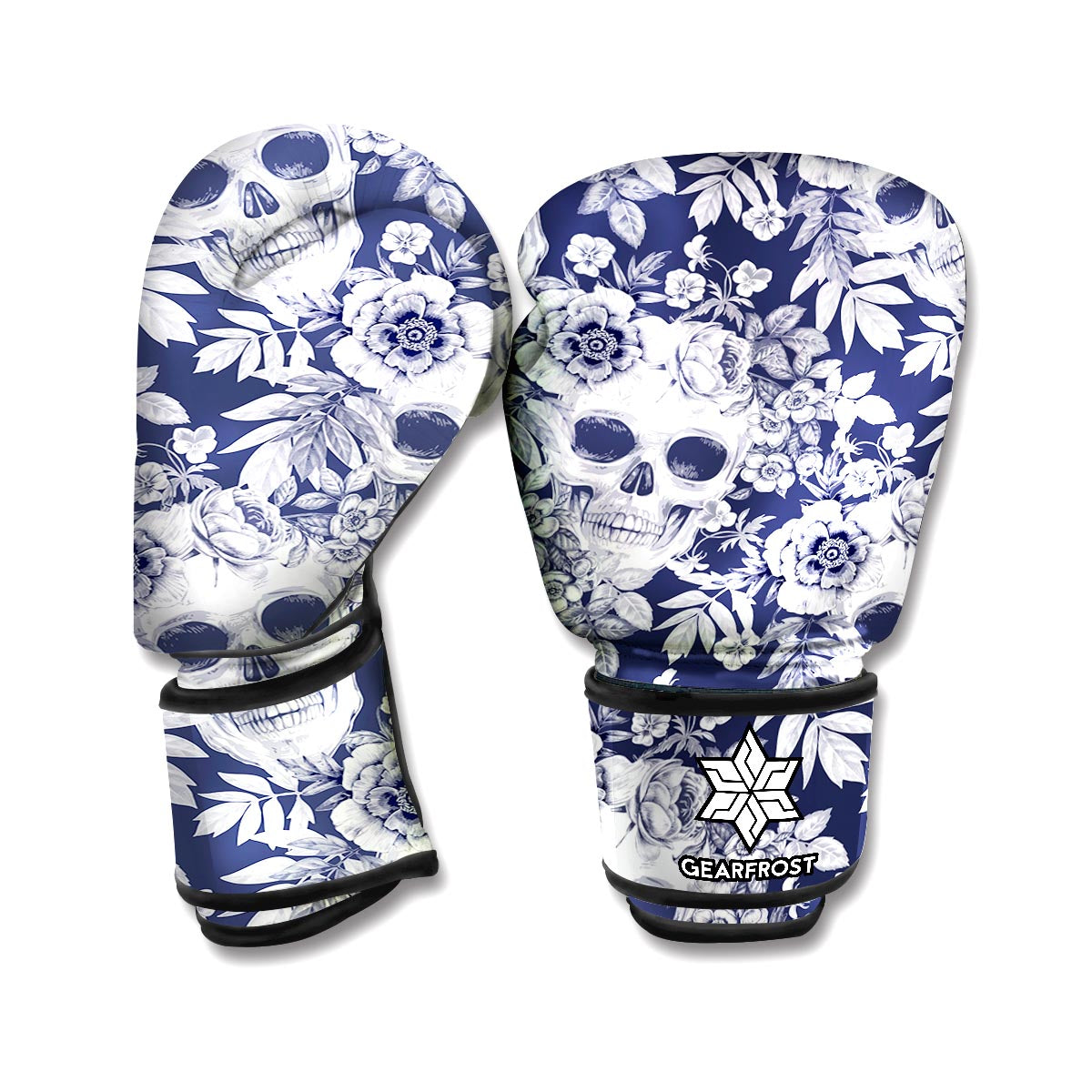 White Blue Skull Floral Pattern Print Boxing Gloves
