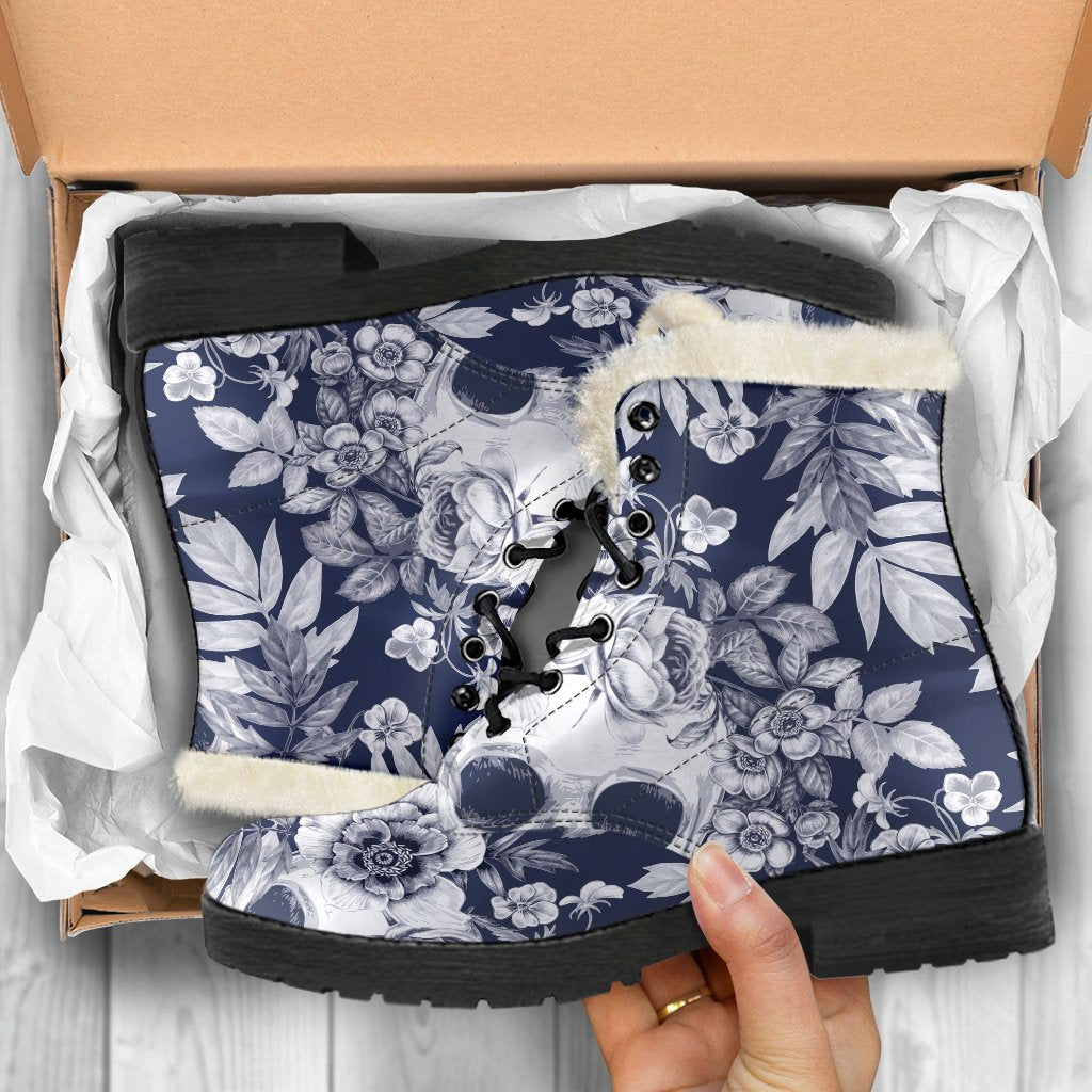 White Blue Skull Floral Pattern Print Comfy Boots GearFrost