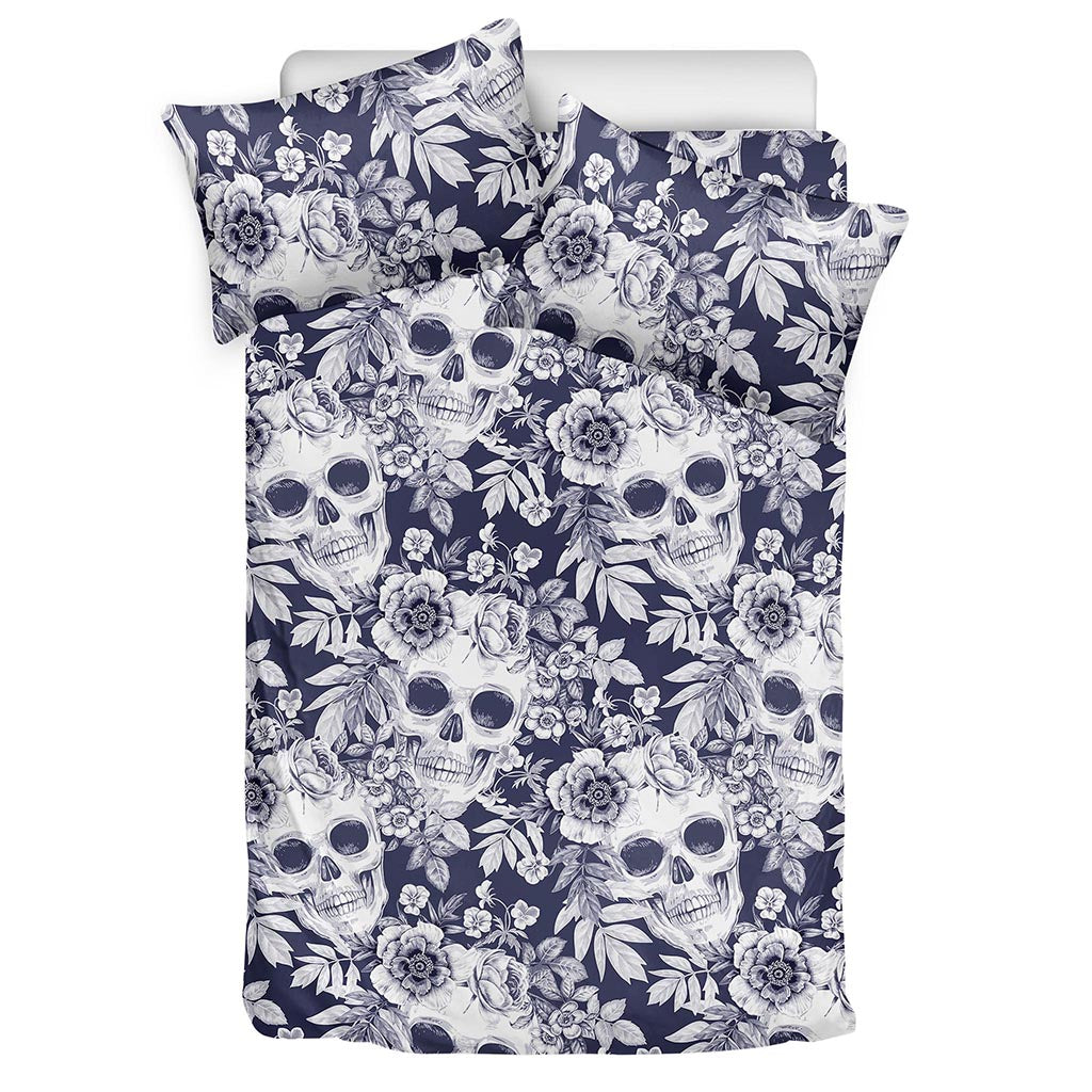 White Blue Skull Floral Pattern Print Duvet Cover Bedding Set