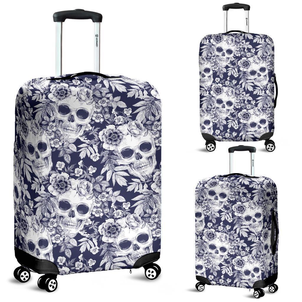 White Blue Skull Floral Pattern Print Luggage Cover GearFrost