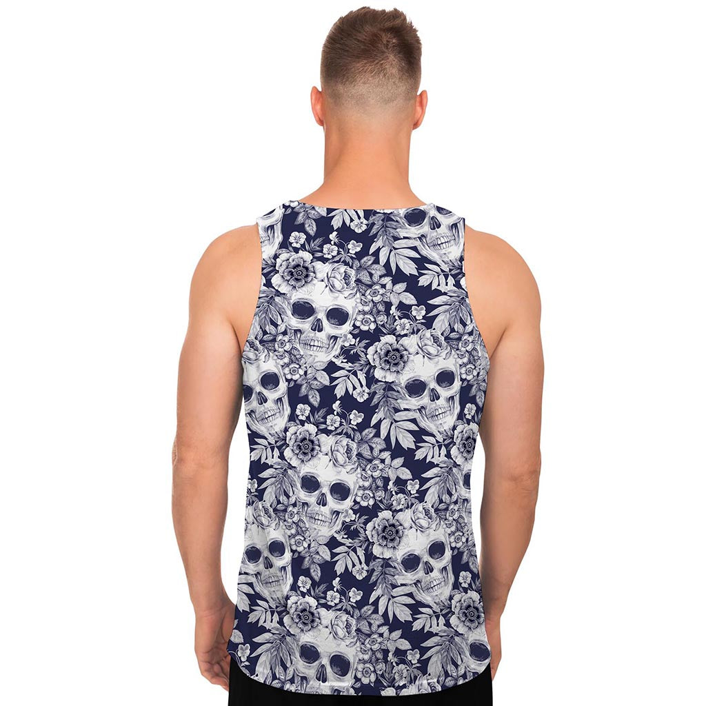 White Blue Skull Floral Pattern Print Men's Tank Top
