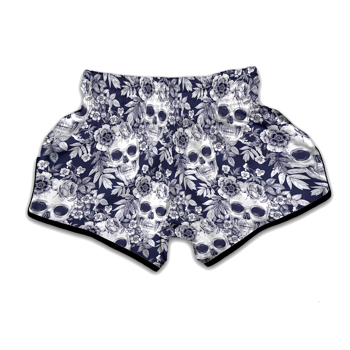 White Blue Skull Floral Pattern Print Muay Thai Boxing Shorts