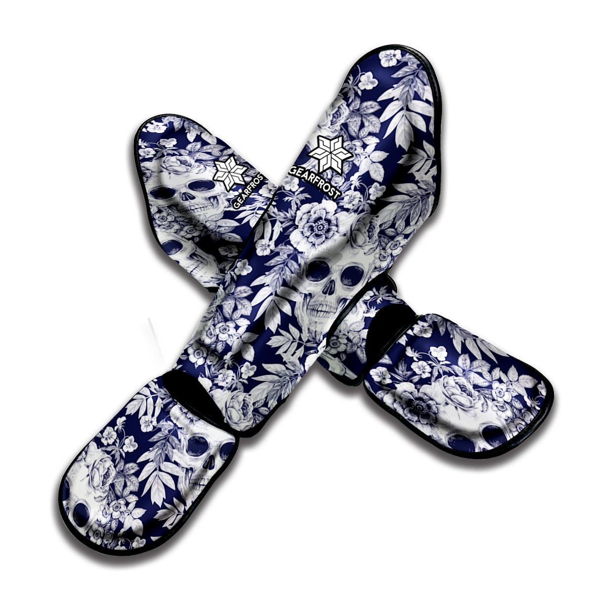 White Blue Skull Floral Pattern Print Muay Thai Shin Guard