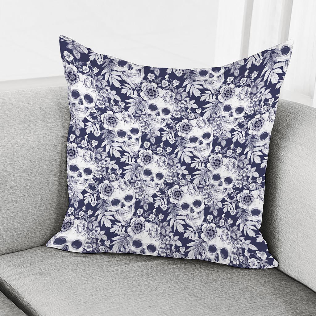 White Blue Skull Floral Pattern Print Pillow Cover