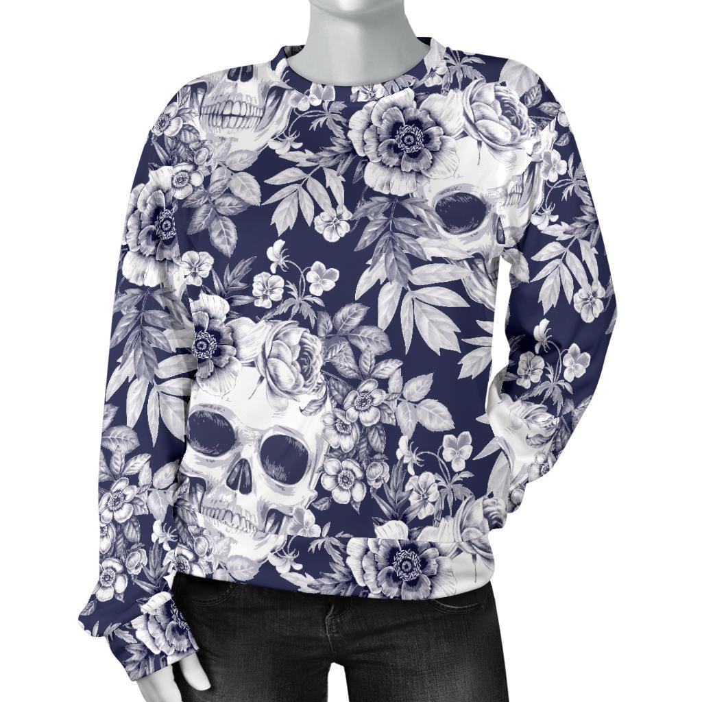 White Blue Skull Floral Pattern Print Women's Crewneck Sweatshirt GearFrost