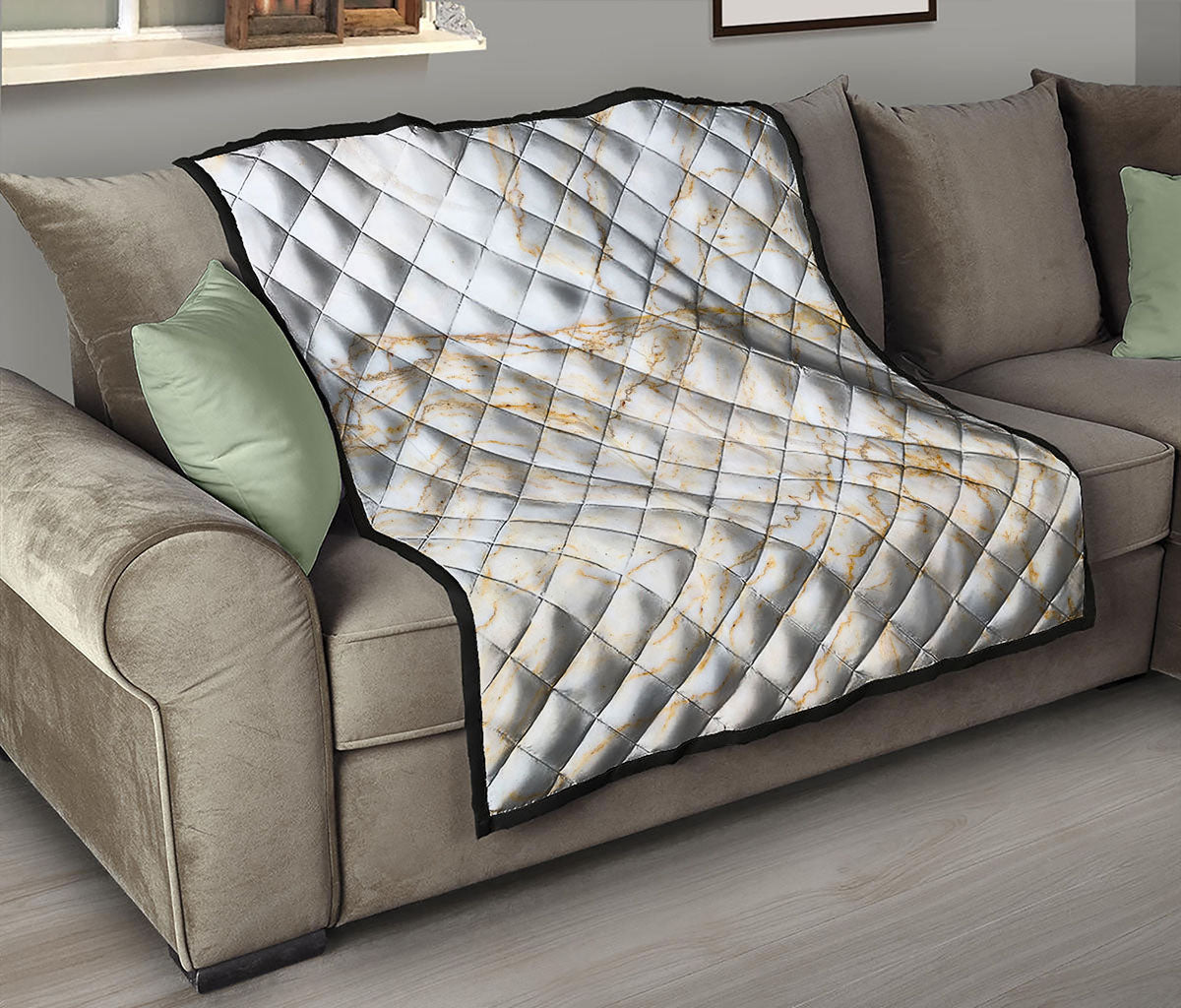 White Brown Grunge Marble Print Quilt