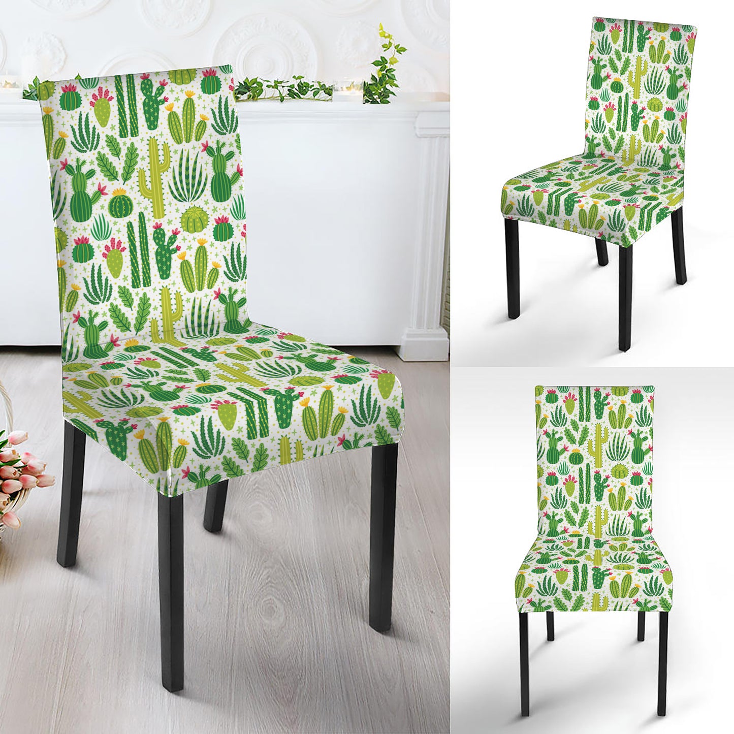 White Cactus Plant Pattern Print Dining Chair Slipcover