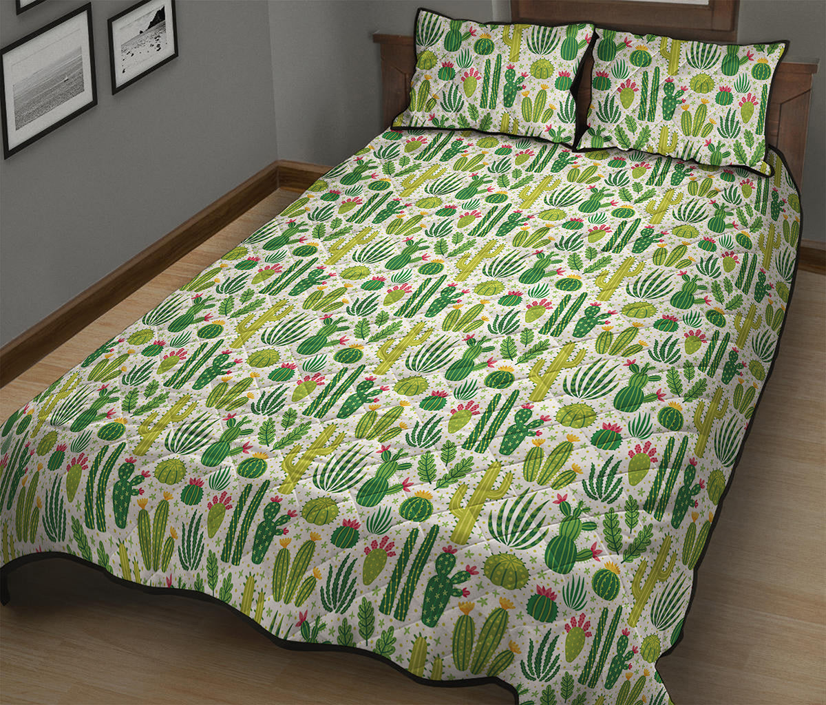 White Cactus Plant Pattern Print Quilt Bed Set