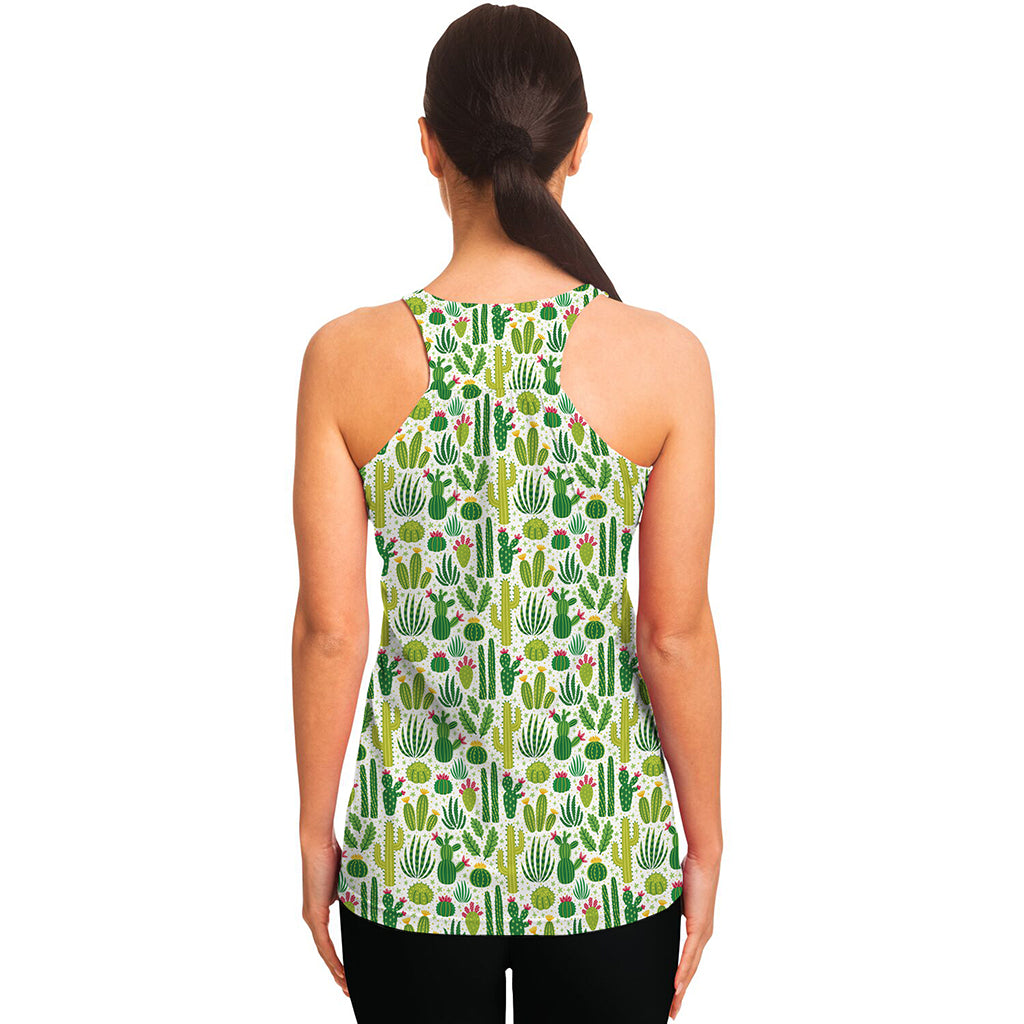 White Cactus Plant Pattern Print Women's Racerback Tank Top