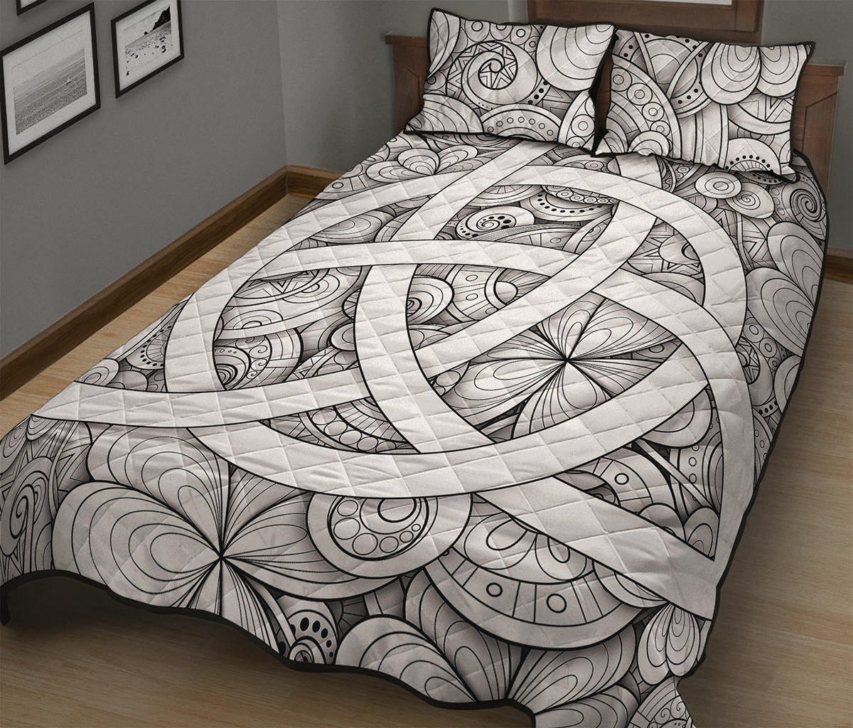 White Celtic Trinity Knot Symbol Print Quilt Bed Set