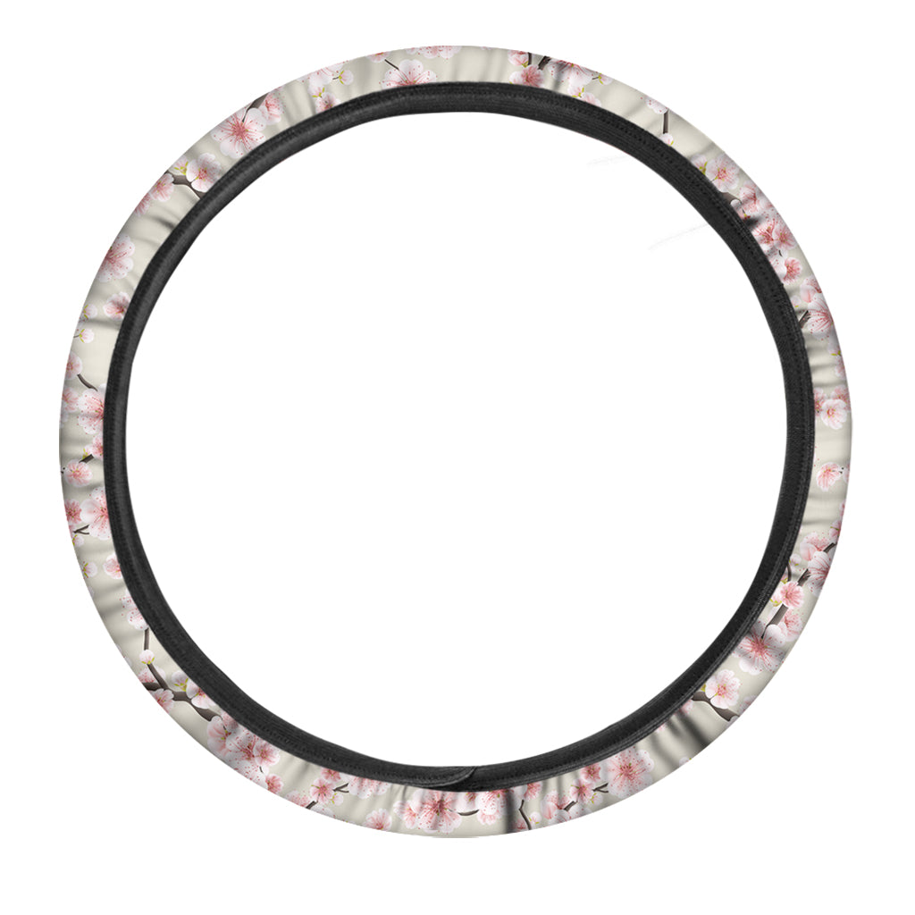 White Cherry Blossom Pattern Print Car Steering Wheel Cover