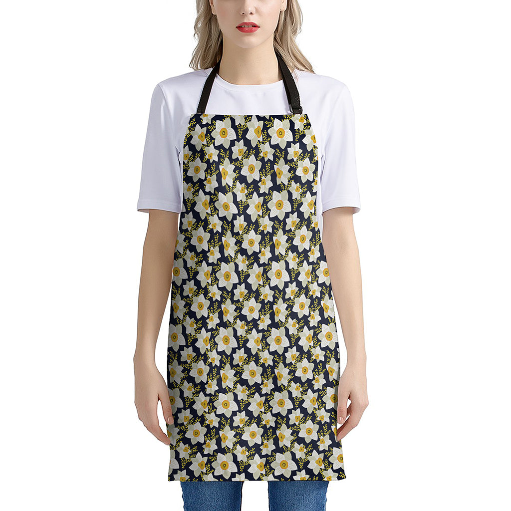 White Daffodil Flower Pattern Print Apron