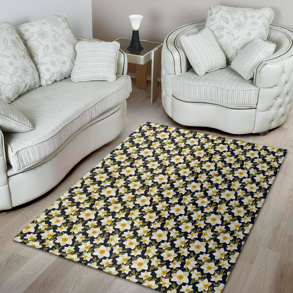 White Daffodil Flower Pattern Print Area Rug