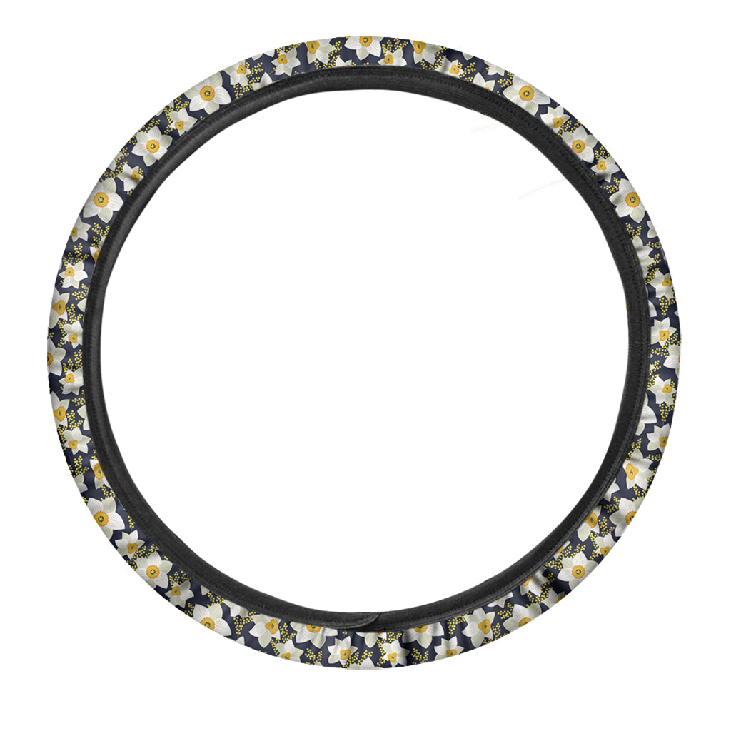 White Daffodil Flower Pattern Print Car Steering Wheel Cover