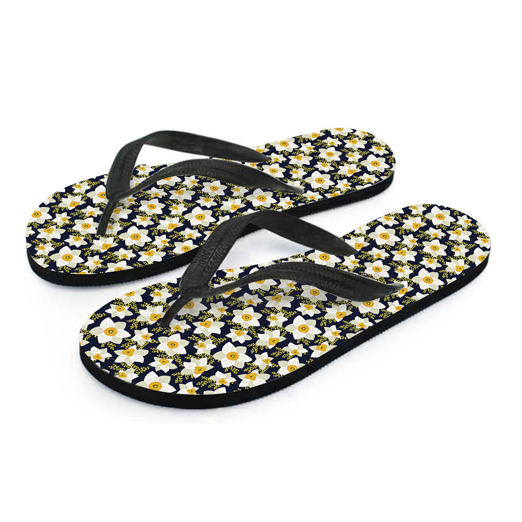 White Daffodil Flower Pattern Print Flip Flops