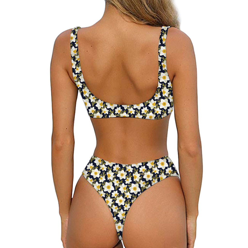 White Daffodil Flower Pattern Print Front Bow Tie Bikini