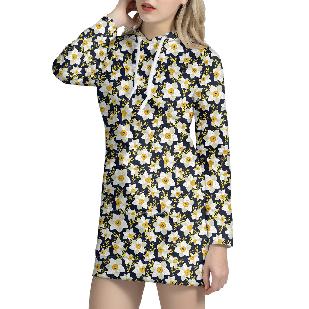 White Daffodil Flower Pattern Print Hoodie Dress