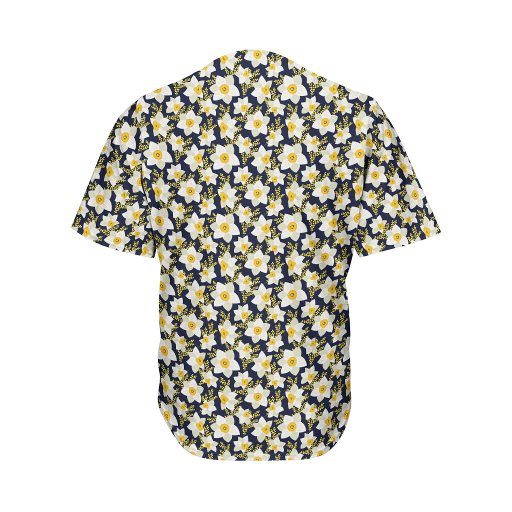 White Daffodil Flower Pattern Print Men's Baseball Jersey