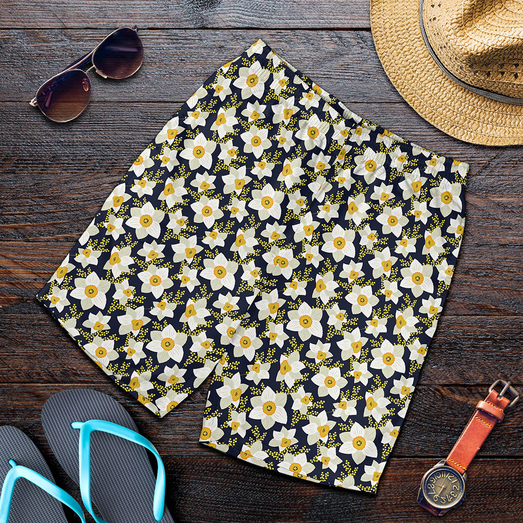White Daffodil Flower Pattern Print Men's Shorts