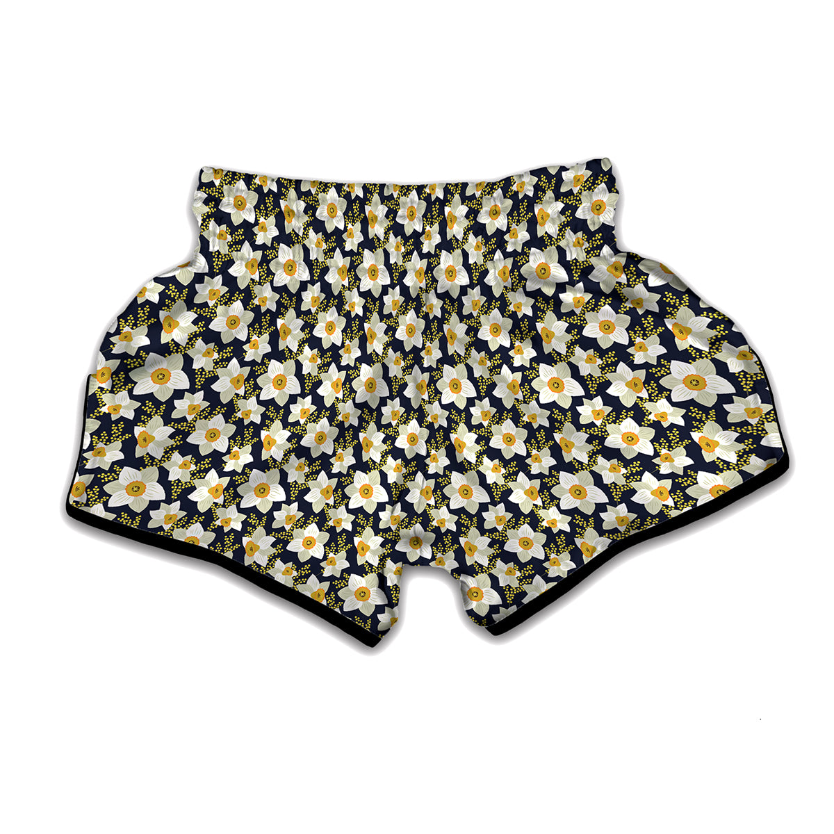 White Daffodil Flower Pattern Print Muay Thai Boxing Shorts