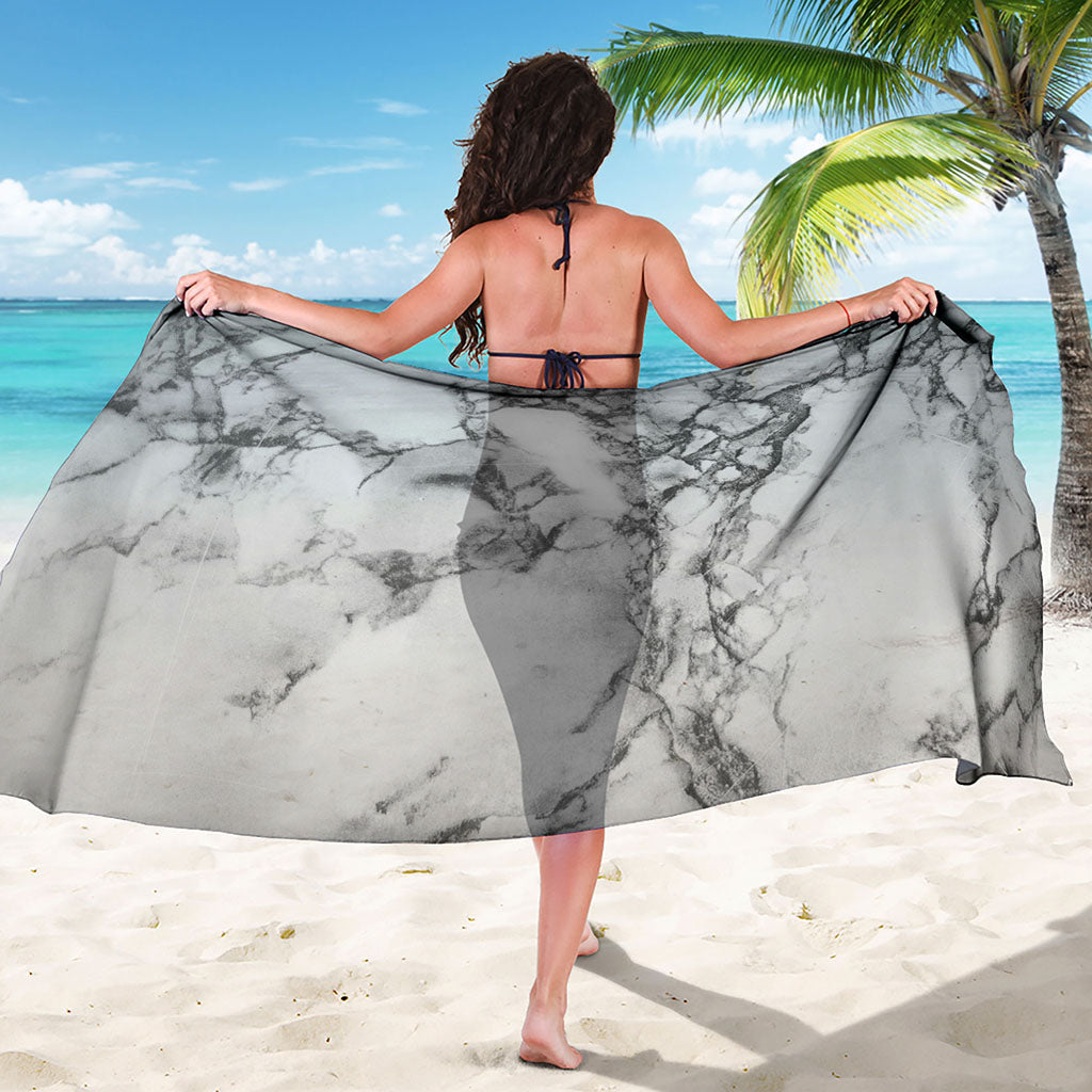 White Dark Grey Marble Print Beach Sarong Wrap
