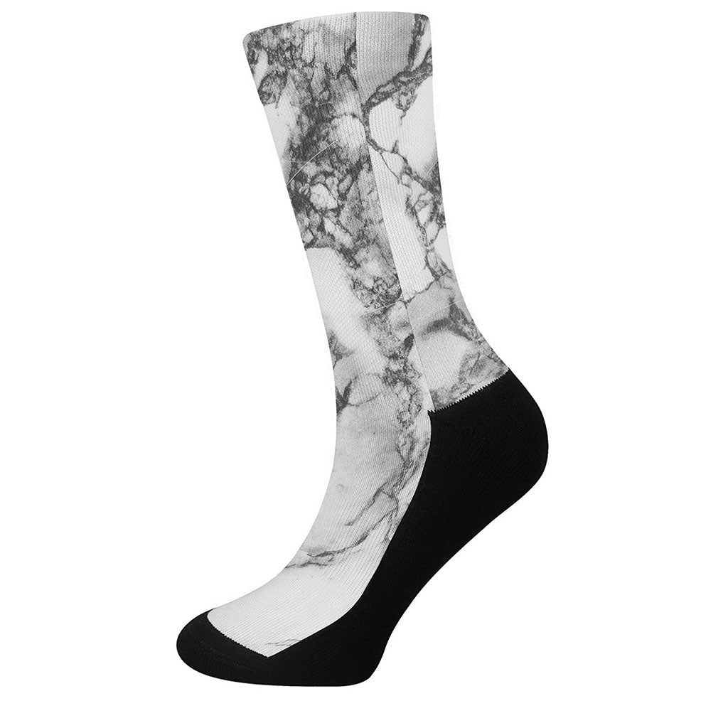 White Dark Grey Marble Print Crew Socks