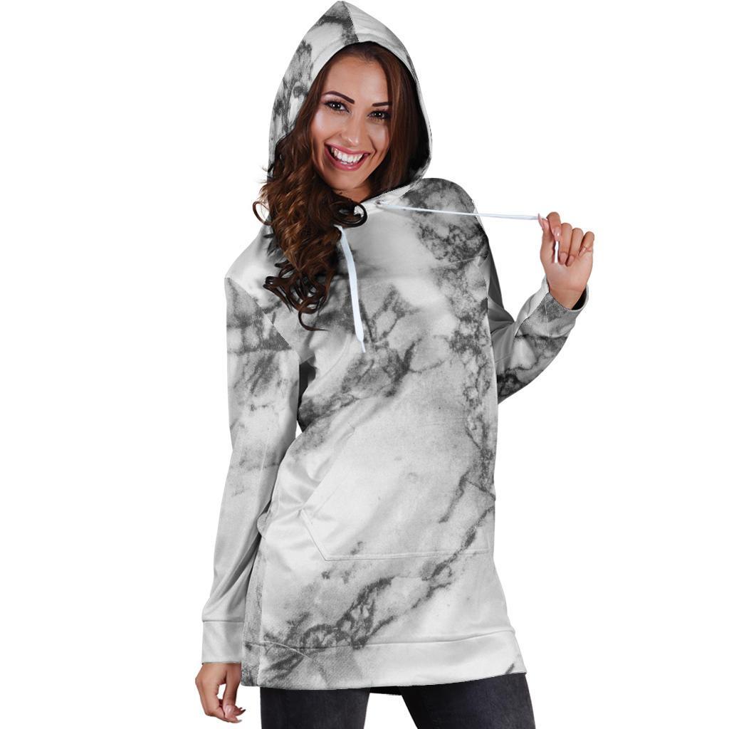 White Dark Grey Marble Print Hoodie Dress GearFrost